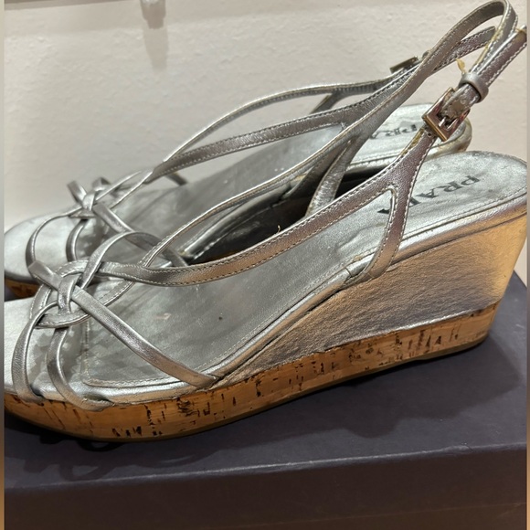 Prada silk wedge Perla sandal in deep silver color size 40.5 (fits 9.5 - 11) - Picture 1 of 7